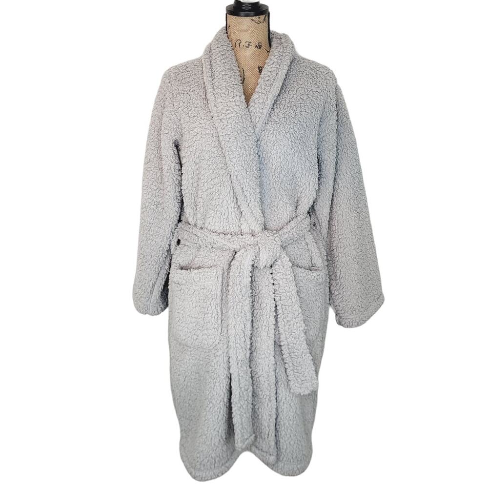 Pottery Barn Teddy Bear Sherpa Gray Blue Cozy Spa Wrap Robe Size Medium - Picture 2 of 13